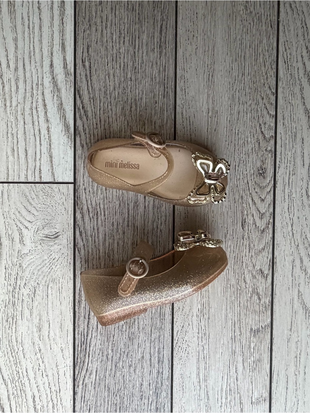 Mini Melissa Metallic Gold Glitter Butterfly Mary Jane Shoes size 6